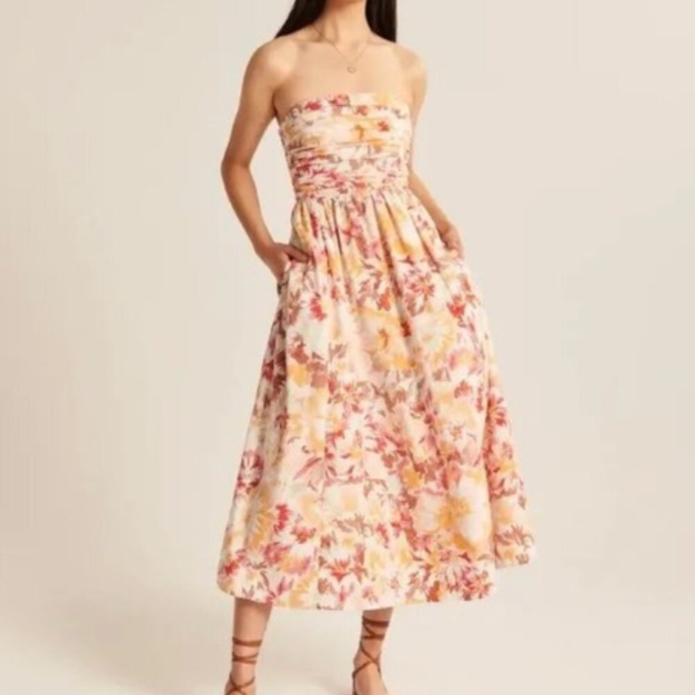Abercrombie & Fitch Strapless Floral Midi Dress in Pink, Yellow and Cream